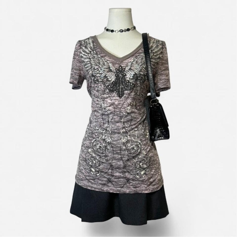 Y2K Miss Me Embellished T Shirt Womens L Fairy Grunge Angel Wings Alt